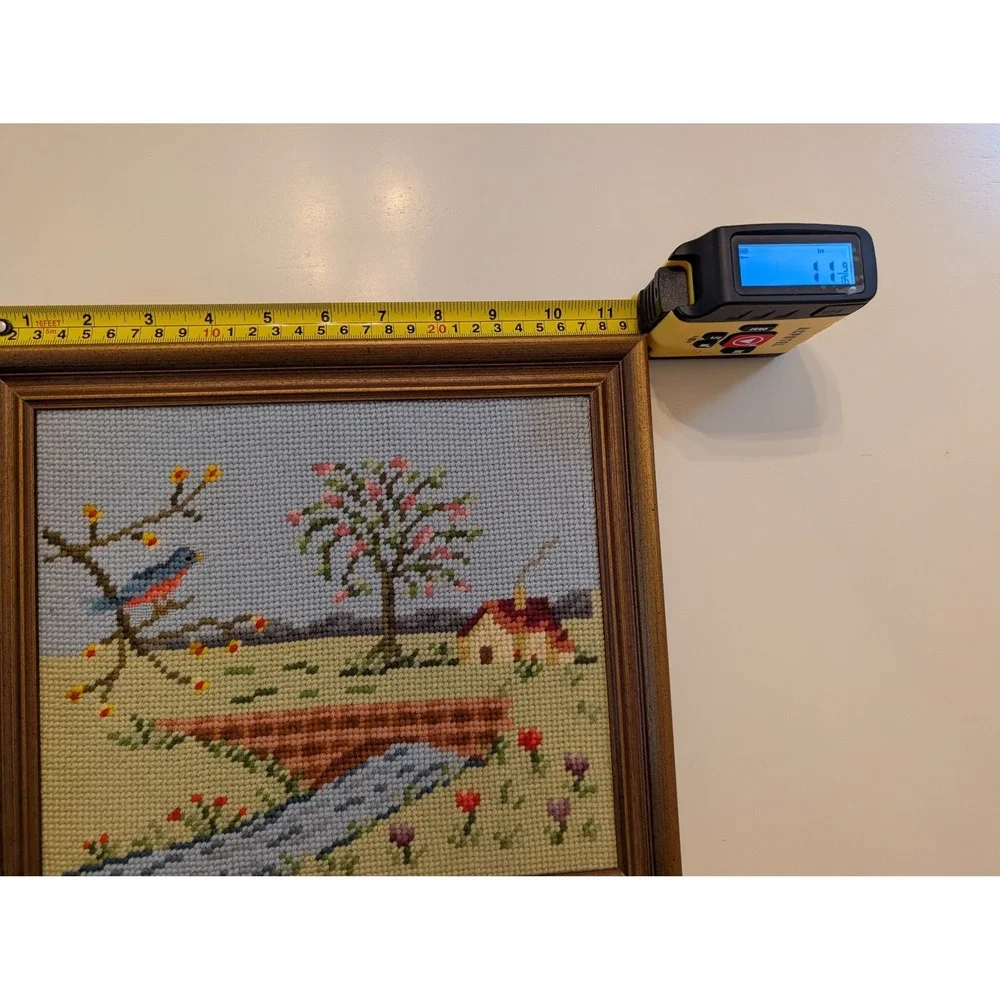 Vintage Needlepoint Framed Art Landscape Bird Cottage Gold Frame 11x10 Country